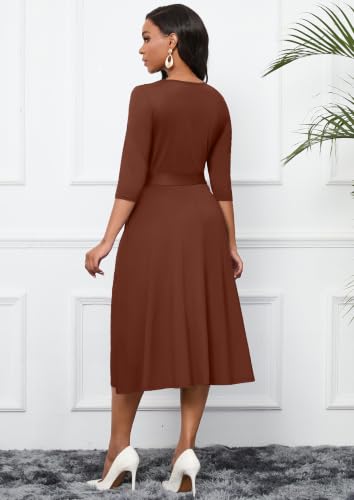 Image of CLOCOR Midi Dresses for Women Casual A-Line Fit and Flare Dress Crewneck 3 /4 Sleeve Keyhole Cocktail Party Church Dress