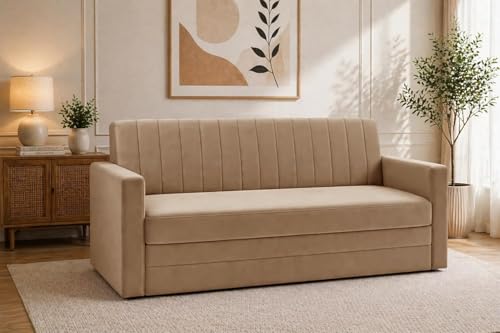 Image of Modern Velvet 3 Seater Sofa Cum Bed with Armrest, Convertible Sleeper Couch Sofa for Living Room, Bedroom & Office - Golden Color