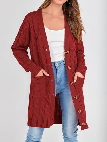 Image of PRETTYGARDEN Long Sleeve Cable Knit Long Cardigan for Women 2026 Spring Winter Chunky Open Front Button Sweaters with Pockets