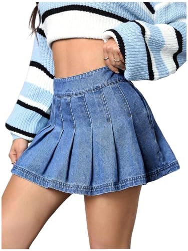 Floerns Women's Casual High Waisted Pleated Hem Zipper Up Denim Skirt Short Skirts Medium Wash Medium