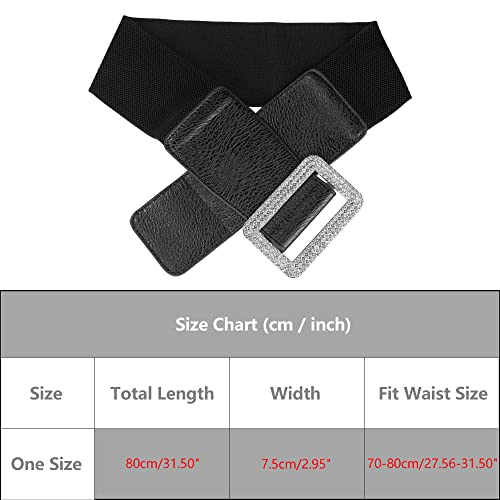 Women Stretchy Waist Belt, Faux Leather Rhinestone Buckle Wide Elastic Belts Waistband4