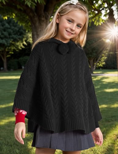 Image of BOBOYOYO Cape for Girls Hooded Cable Knit Poncho Sweaters Kids Shawl