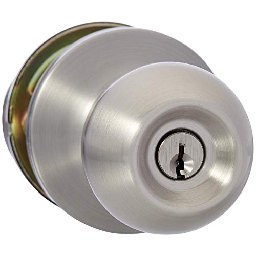 AmazonBasics Exterior Door Knob With Lock, Standard Ball, Satin Nickel