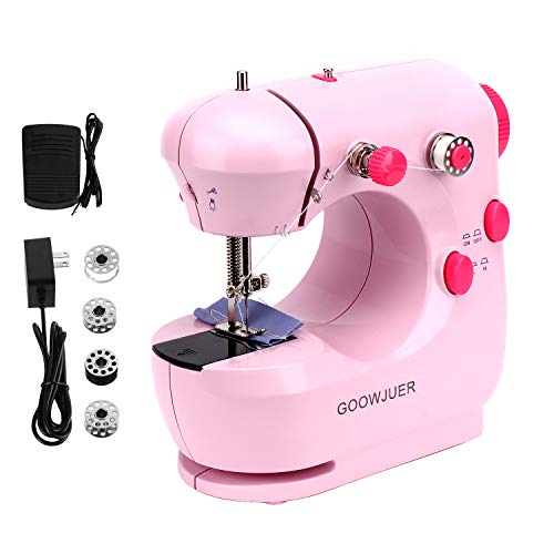 GOOWJUER Portable Mini Sewing Machine,Lightweight Electric Sewing Machines with Extension Table Double Thread Perfect for Beginners Tailors/Arts/Crafting/Household/Fabric for Kids (Pink)