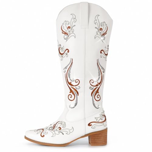 IUV Cowboy Boots for Women Sparkly Rhinestone Cowgirl Boots with Embroidery,Pointed Toe Chunky Knee High Western Boots2