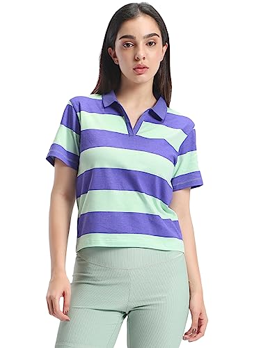 Image of Bewakoof Women's 100% Cotton Striped Regular Fit Half Sleeve Polo T-Shirt | Cotton Tshirt for Woman | Casual wear | Streetwear
