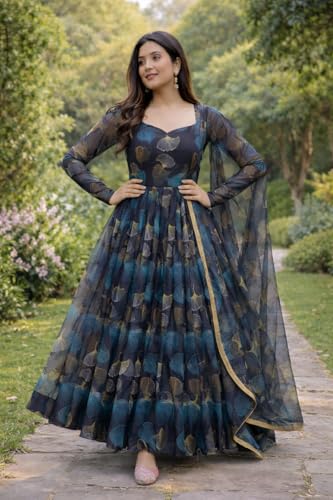 Image of Anveri Textiles Women's Printed Anarkali Gown with Dupatta | Full Sleeve Ethnic Long Dress for Wedding, Party & Festive