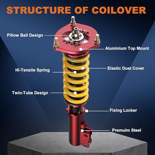 KUIPERAUTO Lowering Coilovers Struts Compatible for 2008-2016 Mitsubishi Lancer Ralliart CZ4A CY2A Pair Shocks Adjustable Height Suspension Coil Spring Strut, Excludes Lancer Evolution Set of 4 Yellow by KUIPERAUTO - Used condition - Image 3