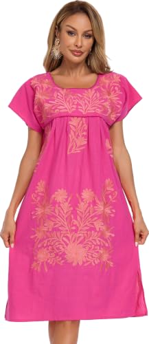 Image of YZXDORWJ Women Mexican Embroidered Long Dress Ruffle Collar Maxi Boho Floral Summer Short Sleeve