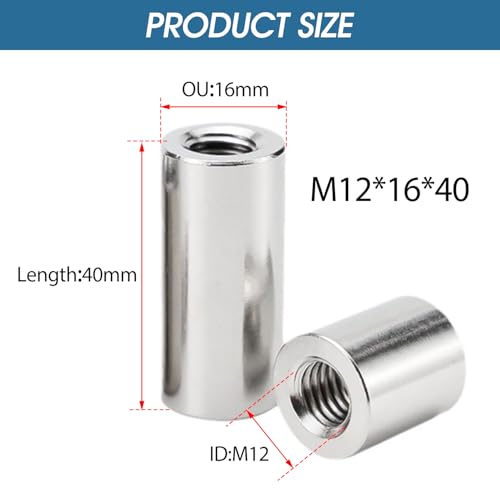 10 Stück Lange Stangenmutter M12 x 1,75 Innengewinde 16mm OD 40mm Länge Rundes Langmuttern Gewindehülsen Edelstahl Verbindungsmuttern Set für Ersatz Wartung