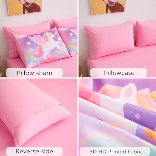 Image of Queen Bedding Sets for Girls 7 Piece,3D Colorful Unicorn Comforter Set for Girls, Ultra Soft and Fluffy, Pink & Rainbow Bed in a Bag with Comforter Sheets Pillowcase & Sham