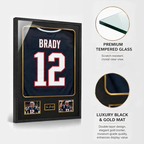 Image of IHEIPYE Jersey Frame Display Case with Tempered Glass, Wall Mount Sports Jersey Shadow Box with Picture Slots and Black Gold Mat for Football Basketball Hockey Jerseys, Photos & Single Signature