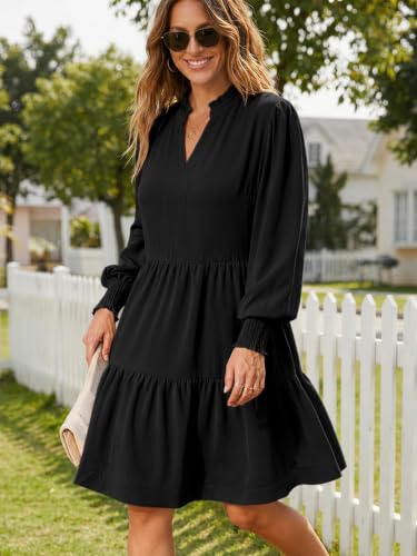 Image of Imily Bela Womens Fall Long Sleeve Tunic Dress Casual V Neck Tiered Dress | Loose,Swing,A-Line,Ruffled Collar,Puff Balloon Sleeve,Smocked Elastic Cuffs,Tiered Layered Ruffle Hem,Babydoll,Loose,Mini