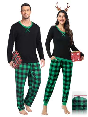 Men & Women Pajama for Couples Christmas Pajama Set Long Sleeve Sleepwear with Pockets Black & Green Plaid L