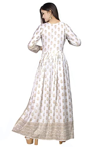 Chandrakala Gold Foil Printed Long Kurti For Women Rayon Indian Anarkali Ethnic Tunic Top Kurta Kurti Dress,X-Large (K199Whi4) #TOP3