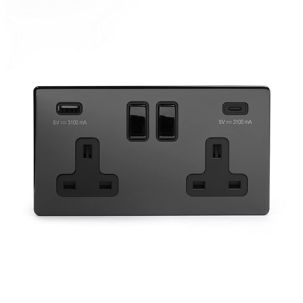 The Soho Lighting Company Black Soho Lighting Nickel 2 Gang Usb A + C Socket (13A Socket + 2 Usb Ports A+C 3.1A) Blk Ins Screwless