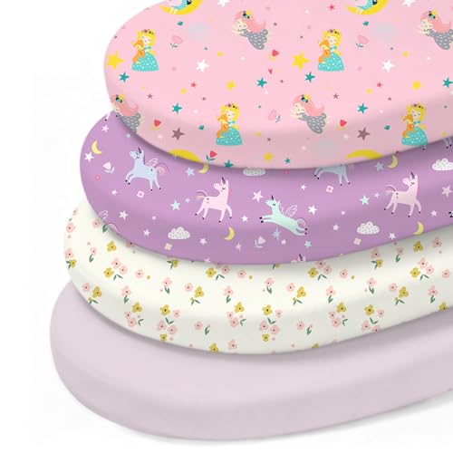 Image of Little Grape Land Bassinet Sheets 4 Pack, 33 inch x 18 inch Fitted Bassinet Sheets Up to 4 inch Deep Pocket, Ultra Soft Baby Bassinet Fitted Sheets for Bassinet Mattress, Unicorn Dreams