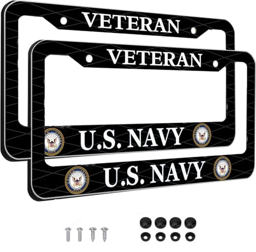 Image of 2PCS License Plate Frames for Veteran U.S.Navy,Car License Plate Bracket Holder, Premium Aluminum Alloy Weather Proof License Plate Covers with Screw Caps Cover Set Car Accessories