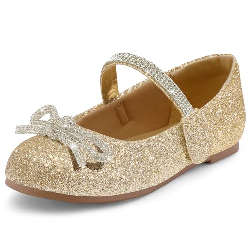 K KomForme Girl's Bow Mary Jane Dress Shoes Ballet Princess Flats with Rhinestone Strap for Party Wedding School, Toddler/Little Kid/Big Kid