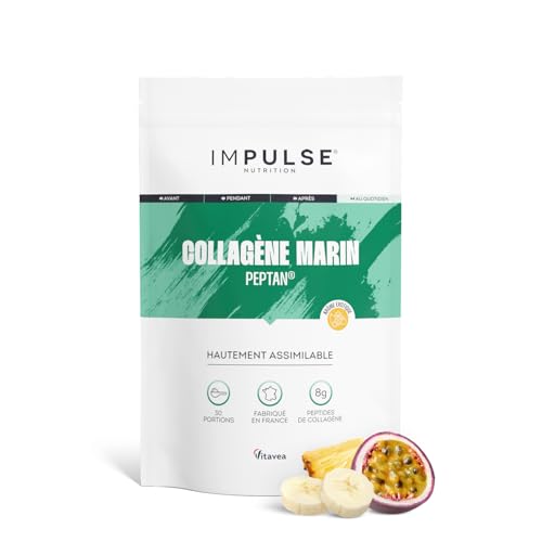 Impulse Nutrition - Collagène Marin Hydrolysé Type 1 Peptan® en Poudre avec Vitamine C - Complément Alimentaire Récupération, Articulations & Peau - 270g - Goût exotique - Fabriqué en France