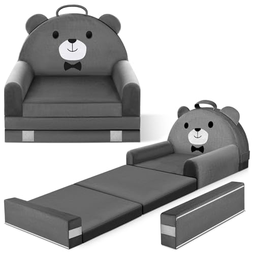Image of ORWIPO Kids Sofa Bed with Removable Washable Cover & Magic-Tape Backrest – Foldable Toddler Chair, Cozy Crystal Velvet Furniture for Playtime, Naps & Travel (Dark Gray, Bear Design)