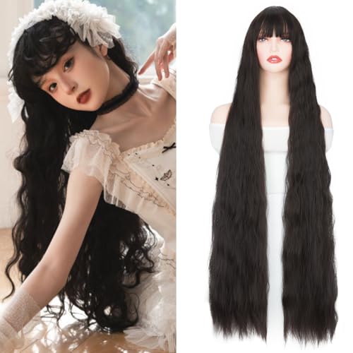Image of Rose bud Long Wavy Curly Wig with Fringe Brown Wigs for Women Cosplay Costume Synthetic 39 inch Lolita Wig With Bangs