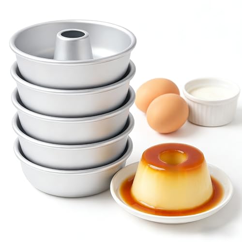 Eiqijci Moldes de Aluminio Pequeos para Flan (Set de 6) Moldes de Metal para Mini Flan con Tubo Central 10 cm 3.5 cm para Horno y Vapor | Individual Custard/Dessert Molds