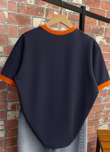 Image of LEOTUDE Oversized Drop Shoulder Half Sleeve Cottonblend Printed Round Neck Drop Shoulder Tshirt for Man (Color Navy Blue)