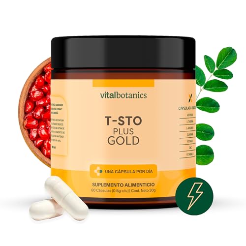 Imagen de T-STO PLUS GOLD Suplemento a base de Vitamina D, Potasio, Zinc, L-Arginina, L-Taurina, Guaraná y Moringa Con 60 capsulas de 500mg. Multivitaminico hombre. Vitaminas para Hombre. Suplementos Alimenticios Libres de Gluten y Apto Keto | VITALBOTANICS