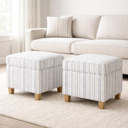 Image of HomePop Home Decor | K7342-F2359 |Classic Square Storage Ottoman with Lift Off Lid | Ottoman with Storage for Living Room & Bedroom, Blue Stripe Large