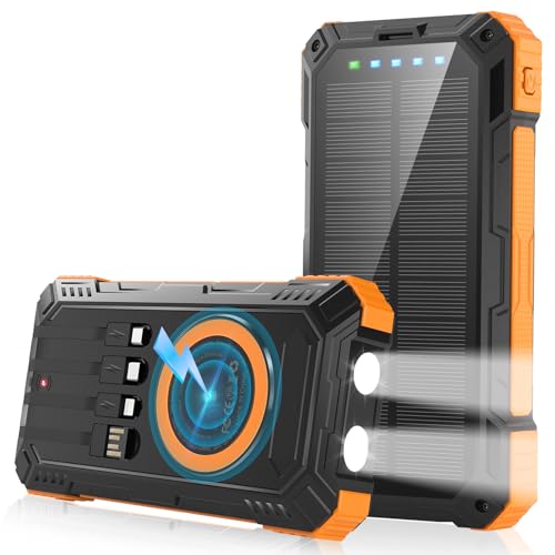Image of Solar Power Bank - 49800mAh Wireless Portable Phone Charger with Built-in 4 Cables,22.5W Fast Charging External Battery Pack PD 3.0 USB-C In/Output for iPhone, iPad, Galaxy,Perfect for Camping, Hiking
