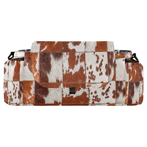 Image of Cattle Animal Leather Skin Universal Stroller Organizer, Cowhide Animal Stroller Organizer Bag with Cup Holders Removable Shoulder Strap Fits Most Baby and Pet Strollers
