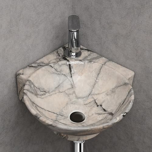 Image of REMOTION Wall Mounted Wash Basin for Bathroom | Wall Hung Corner Sink | Ceramic Round Wall Hung Wash Basin | Wall Hung Small Corner Basin (16.3 x 13.8 x 4.3 Inch) (Designer Beige Black)