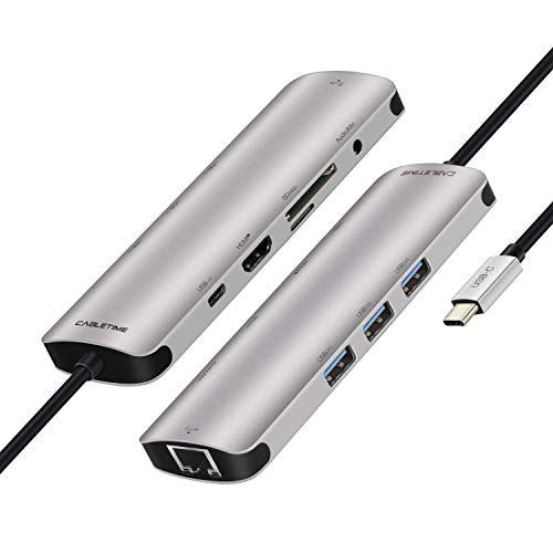 Image of Tobo Type C Hub,9 in 1 Aluminum Multi-port Adapter with Type-C Charging Port, 4K HDMI Output,3 USB A 3.0 Ports,3.5mm Audio Jack,Micro SD /SD Card Reader and Gigabit Ethernet Compatible with MacBook Pro, Surface Pro,Note (USB-C 9 in 1)