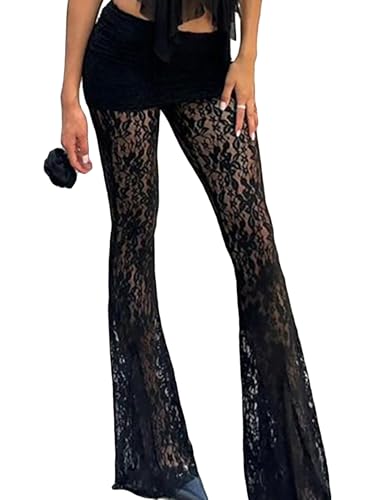Women Black Lace Bell Pants Sexy See Through Mesh Flare Bottom Elastic High Waist Rave Party Outfits