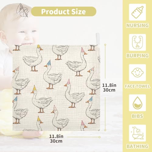 Image of vvfelixl Goose with Birthday Hat Baby Burp Cloths Baby Muslin Washcloths for Boys Girls Cotton Babys Face Towel for Newborn Infants Soft and Absorbent 11.8 X 11.8 in, 5 Pack