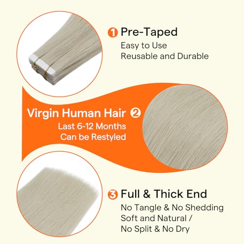 Image of Full Shine Virgin Tape in Hair Extensions Human Hair Color White Blonde Double Sided Insert Virgin Hair Invisible Tape in Extensions Blonde Hair Extensions 20Pcs 30G 12Inch for Chic Makeover