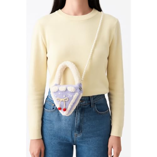 Bow Purse Fluffy Cute Pizza Shoulder Bag with Pearl Chain Mini Plush Handbag Sugar Detail Kawaii Gift Women2