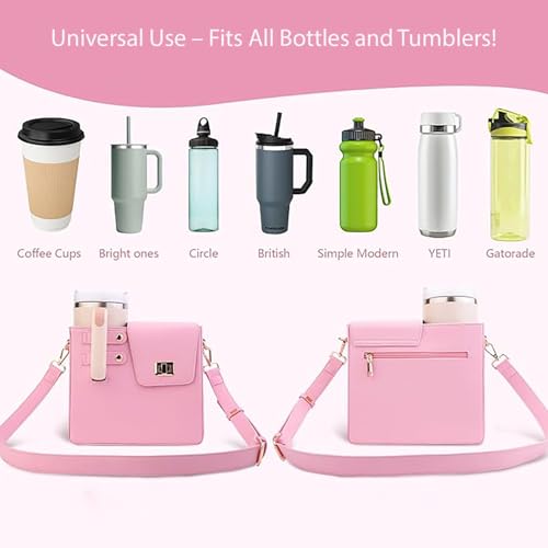 Image of House of Quirk Outdoor Portable Crossbody Tumbler Holder Bag with Purse Compartment - Travel Water Bottle Carrier for Hiking, Walking, Camping (Pink)