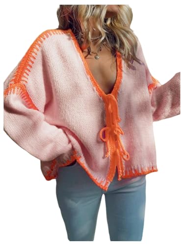WDIRARA Women's Contrast Trim Tie Front Cardigan Sweater V Neck Long Sleeve Knitwear