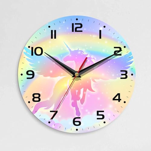 ENUIEO Wall Clock 10 Inch Silent Non-Ticking Home Kitchen Decor Battery Operated for Bathroom Bedroom Living Room Office(Rainbow Unicorn)