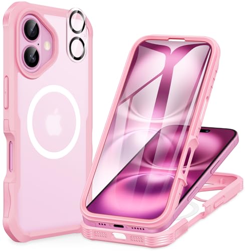 CENHUFO Funda Magnética iPhone 16, [Compatible con MagSafe] Integrado 9H HD Cristal Templado Protector Pantalla y Protector cámara, 360 Grados Antigolpes Carcasa Militar Capa Doble Cara Case -Rosa