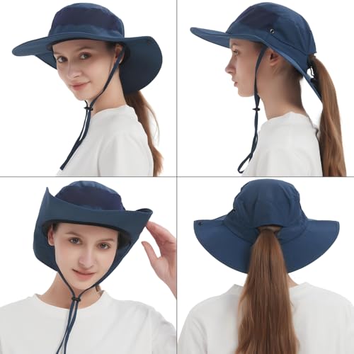 Sun Hats for Men Women Wide Brim Bucket Hat UPF 50+ Ponytail Boonie Hat Packable UV Protection Hiking Beach Fishing Safari