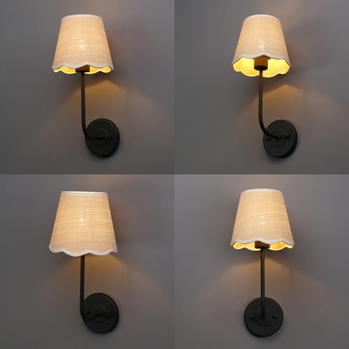 Image of Phansthy Industrial Hardwired Wall Sconce Vintage Farmhouse Wall Light, Boho Brass Finished Wall Lamps with Natural Rattan Woven Lampshade for Bedroom, Living Room (Black, One-Light 2 Pack)