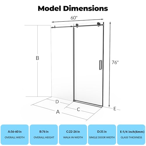 Image of Frameless Shower Door 56-60 inch Wx76 inch H, Round Stainless Steel Track, 6mm Tempered Glass, One Fixed One Sliding Door, Matte Black Finish, Modern Bathroom Shower Enclosure