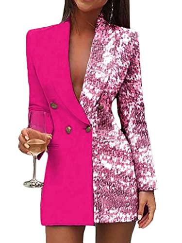 Vestido Largo para Mujer Double Breasted Button Blazer Manga Larga Chaqueta del Traje Color De Contraste Mini Vestido Oficina OL Chaqueta Abrigo Rosa 34