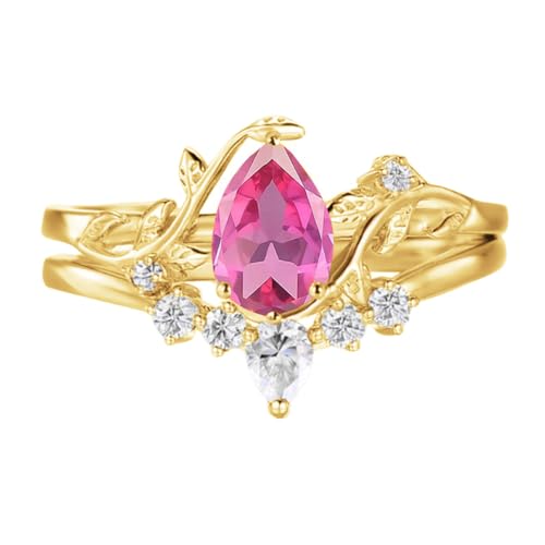 1CT Pear Cut Gemstone Wedding Ring Set for Women, Solid 10K 14K 18K Gold Bridal Ring Sets with Diamond Art Deco Leaf Engagement Promise Rings 2pcs Jewelry Gift for Her
