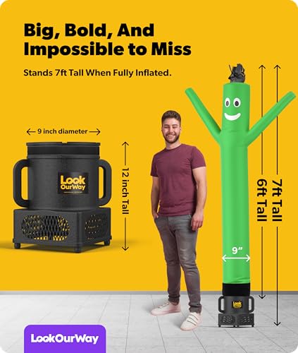 Image of LookOurWay Air Dancers Wacky Waving Inflatable Tube Guy - 7ft Tall Inflatable Advertising Waving Dancing Man with Sky Dancer Blower - Green