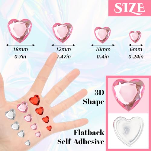 516PCS Heart Face Gems Pink Heart Rhinestones Self Adhesive Acrylic Heart Jewels for Hair Body Bling Crystal Heart Stickers for Wedding Valentine's Day Decoration Nail Art DIY Craft (6/10/12/18mm) - Image 4