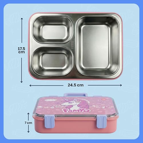 Image of Famyo Bento Lunch Box for Kids, June Unicorn | Leakproof, Stainless Steel, 3 Compartment, 4 Clip Lock & Secret Compartment, BPA Free